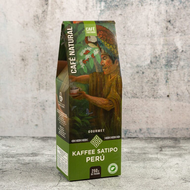 Caja de Kaffee Satipo café natural tostado de 250 g, con ilustración de un hombre de la selva que ofrece una taza